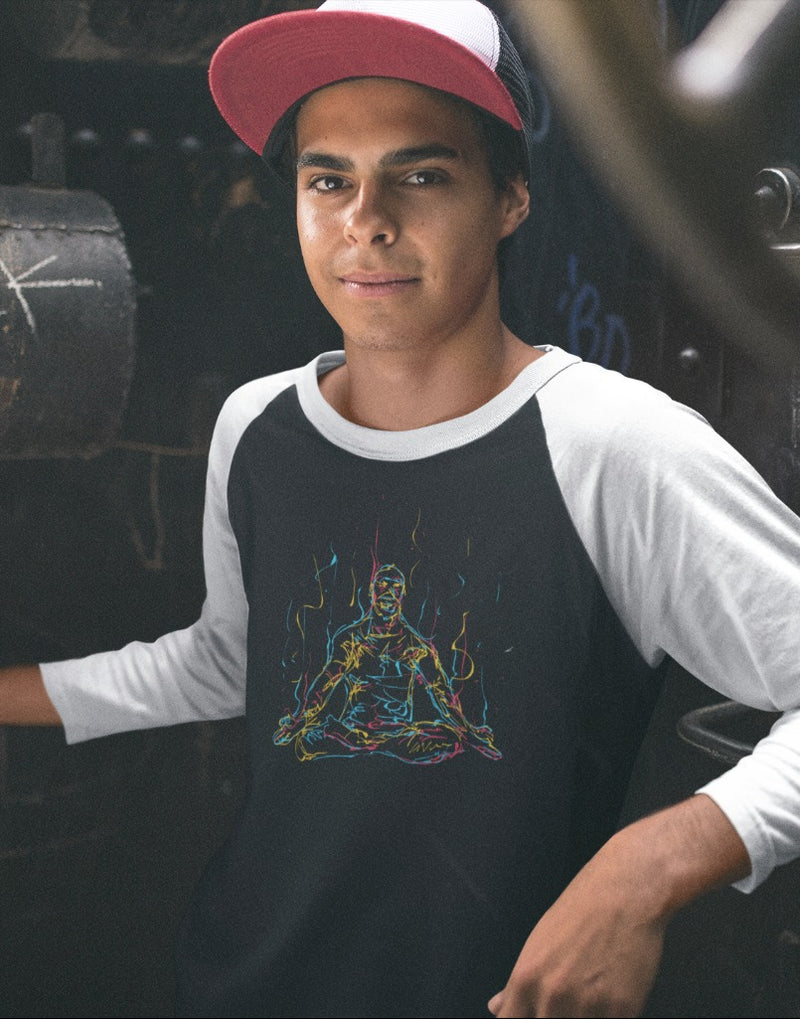 Man Meditates While Practicing Yoga | Men's Raglan T-Shirts
