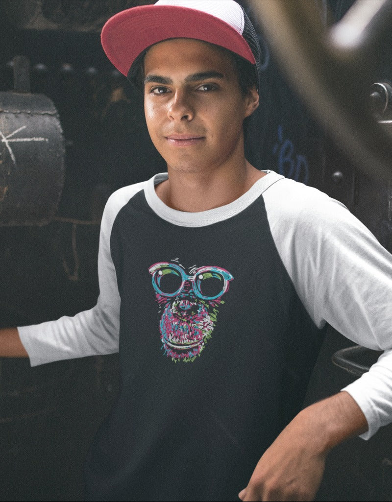 Colorful Chimp With Glasses | Men's Raglan T-Shirts